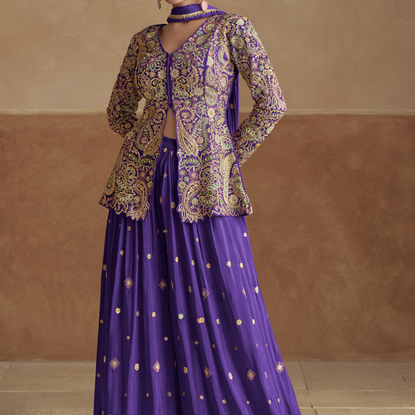 Vegaa Fashion Violet Pink Chinon Silk Embroidered Designer Palazzo Suit