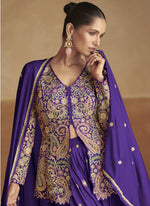 Thumbnail for Vegaa Fashion Violet Pink Chinon Silk Embroidered Designer Palazzo Suit