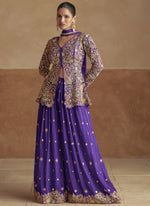 Thumbnail for Vegaa Fashion Violet Pink Chinon Silk Embroidered Designer Palazzo Suit