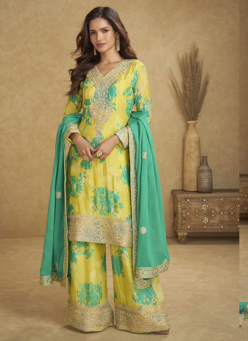 Vegaa Fashion Light Yellow Chinon Silk Digital Print Designer Palazzo Suit