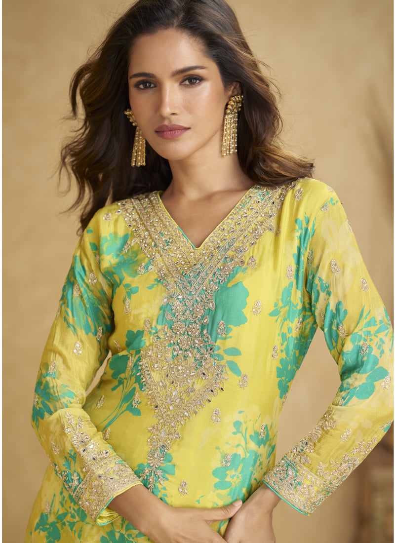 Vegaa Fashion Light Yellow Chinon Silk Digital Print Designer Palazzo Suit