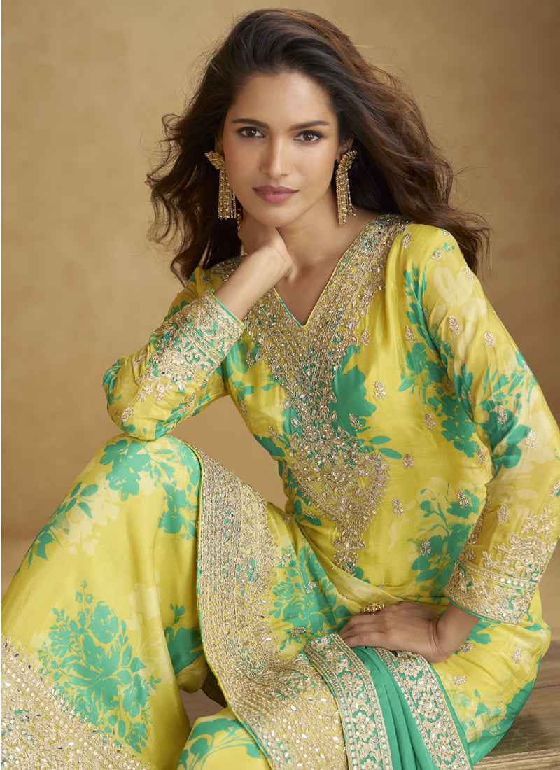 Vegaa Fashion Light Yellow Chinon Silk Digital Print Designer Palazzo Suit
