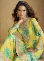 Thumbnail for Vegaa Fashion Light Yellow Chinon Silk Digital Print Designer Palazzo Suit