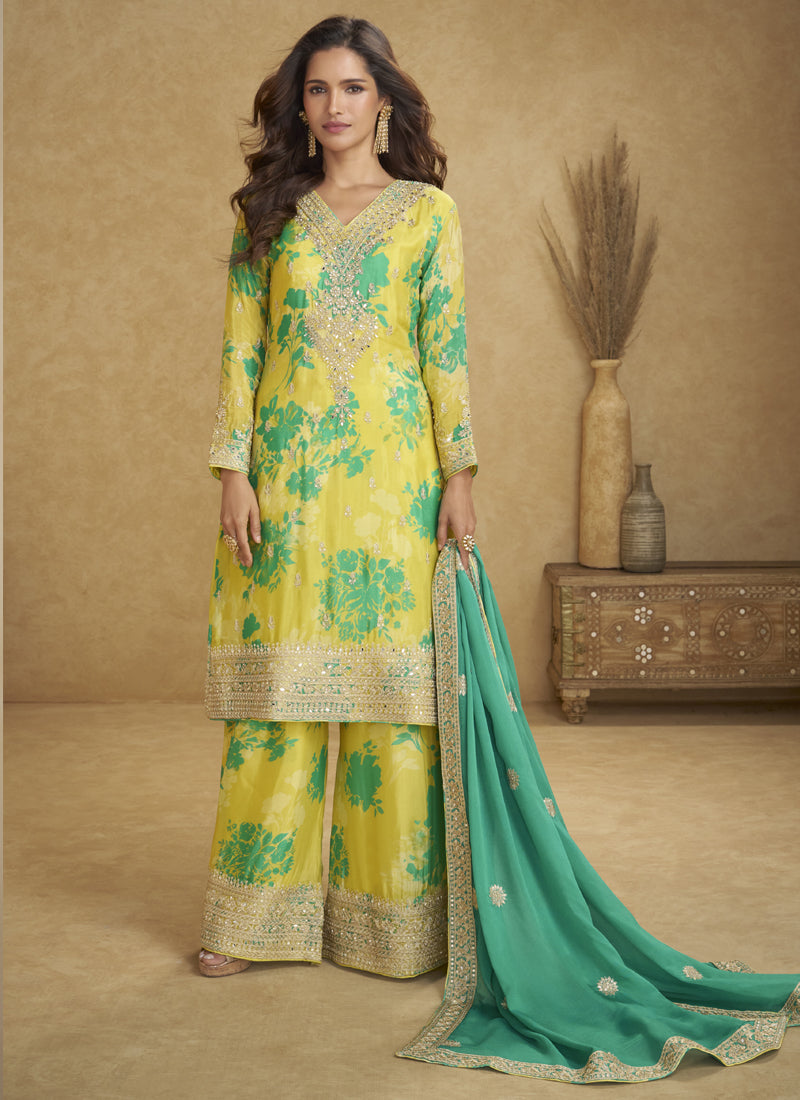 Vegaa Fashion Light Yellow Chinon Silk Digital Print Designer Palazzo Suit