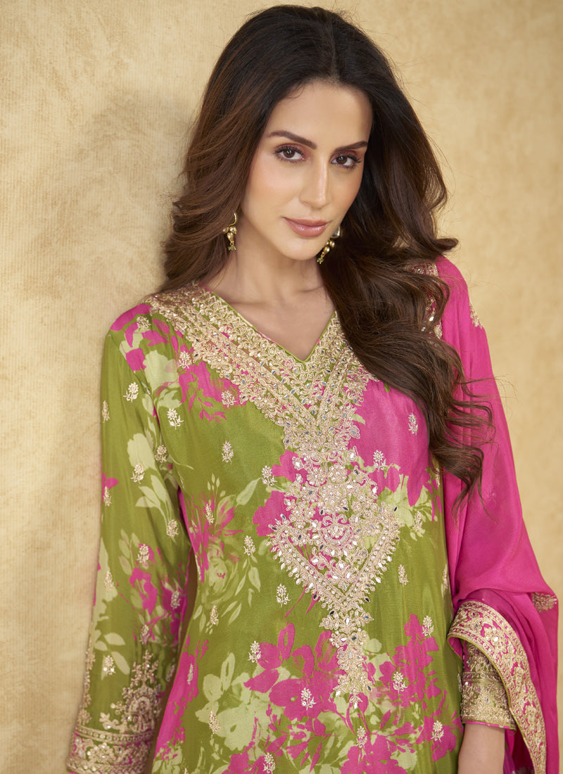 Vegaa Fashion Mehendi Chinon Silk Digital Print Designer Palazzo Suit