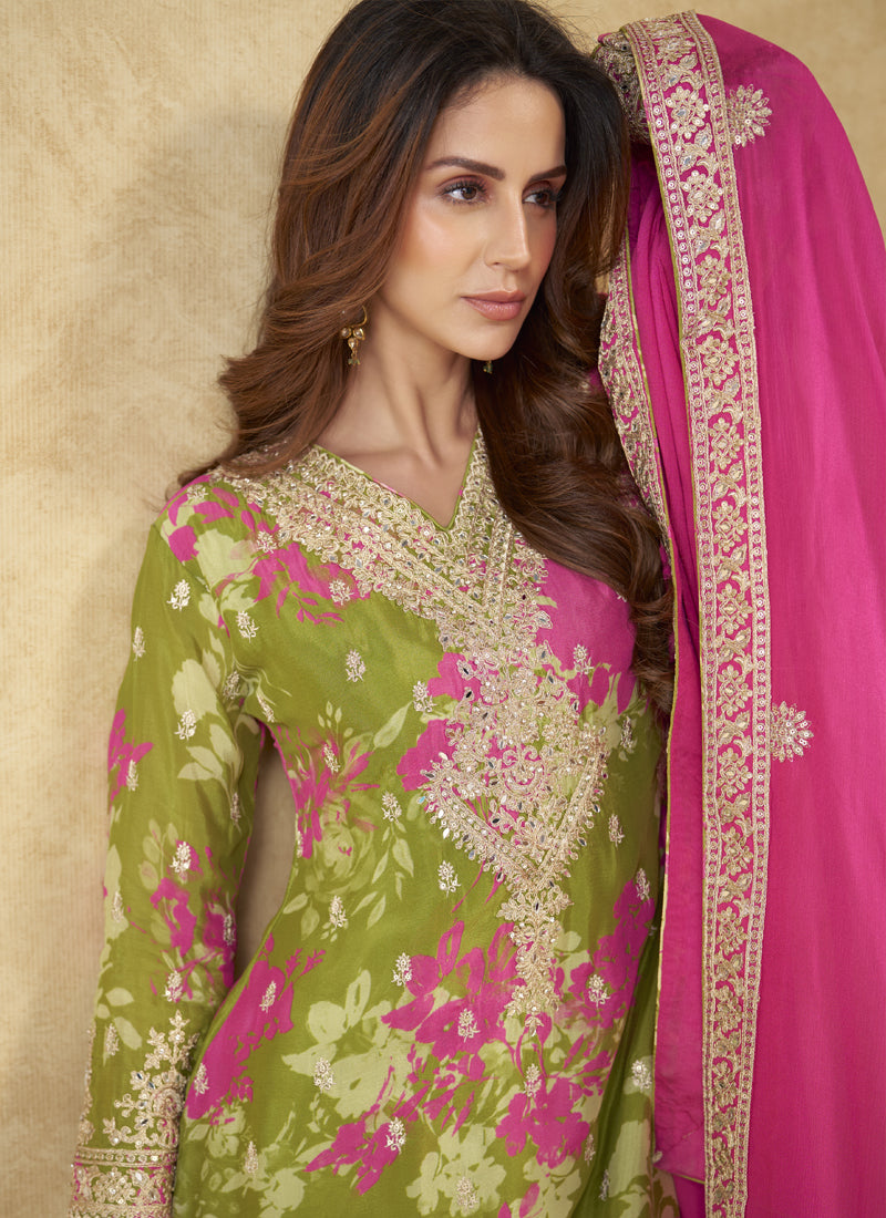 Vegaa Fashion Mehendi Chinon Silk Digital Print Designer Palazzo Suit