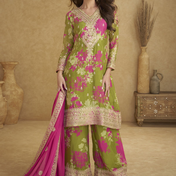 Vegaa Fashion Mehendi Chinon Silk Digital Print Designer Palazzo Suit
