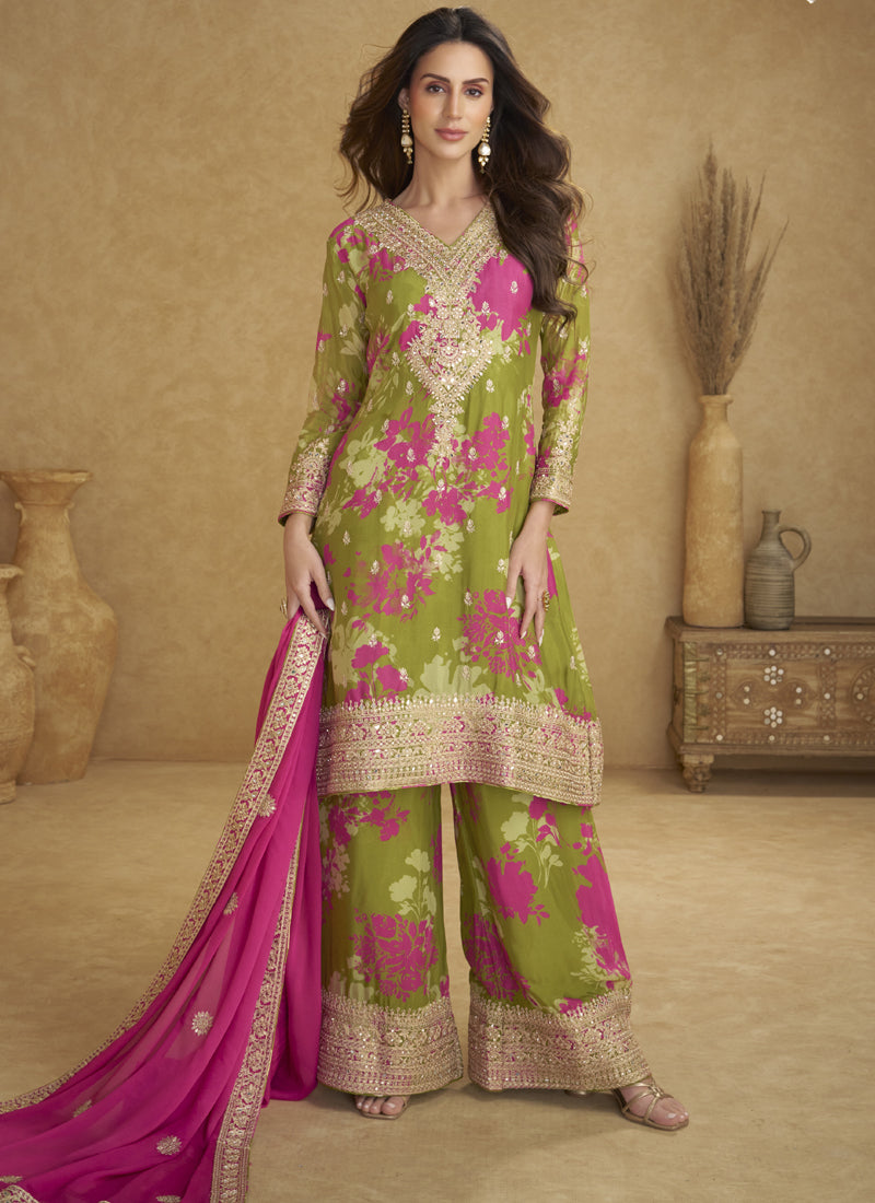 Vegaa Fashion Mehendi Chinon Silk Digital Print Designer Palazzo Suit