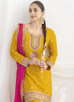 Thumbnail for Vegaa Fashion Yellow Chinon Silk Embroidered Designer Salwar Suit - Distacart