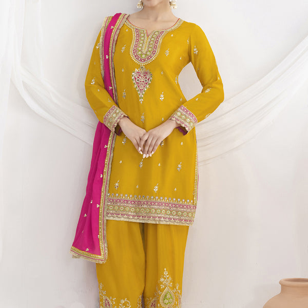 Vegaa Fashion Yellow Chinon Silk Embroidered Designer Salwar Suit - Distacart