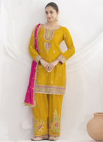 Thumbnail for Vegaa Fashion Yellow Chinon Silk Embroidered Designer Salwar Suit - Distacart