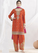 Thumbnail for Vegaa Fashion Orange Chinon Silk Embroidered Designer Salwar Suit - Distacart