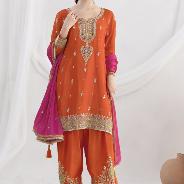 Vegaa Fashion Orange Chinon Silk Embroidered Designer Salwar Suit - Distacart