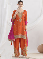 Thumbnail for Vegaa Fashion Orange Chinon Silk Embroidered Designer Salwar Suit - Distacart