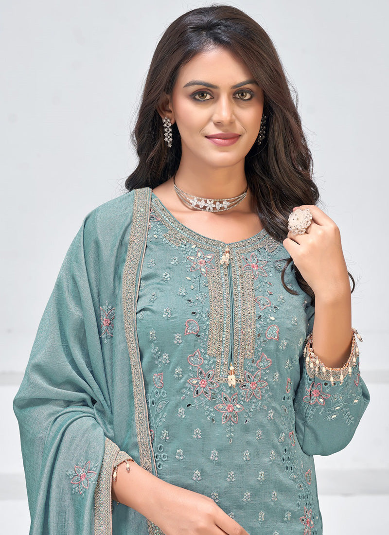 Vegaa Fashion Grey Vichitra Silk Embroidered Palazzo Suit