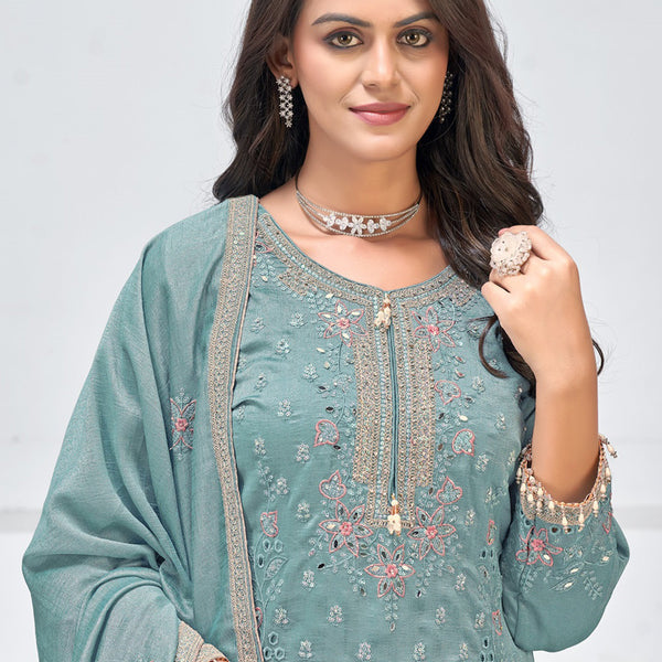 Vegaa Fashion Grey Vichitra Silk Embroidered Palazzo Suit - Distacart