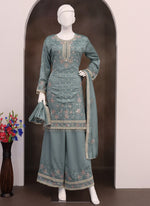 Thumbnail for Vegaa Fashion Grey Vichitra Silk Embroidered Palazzo Suit