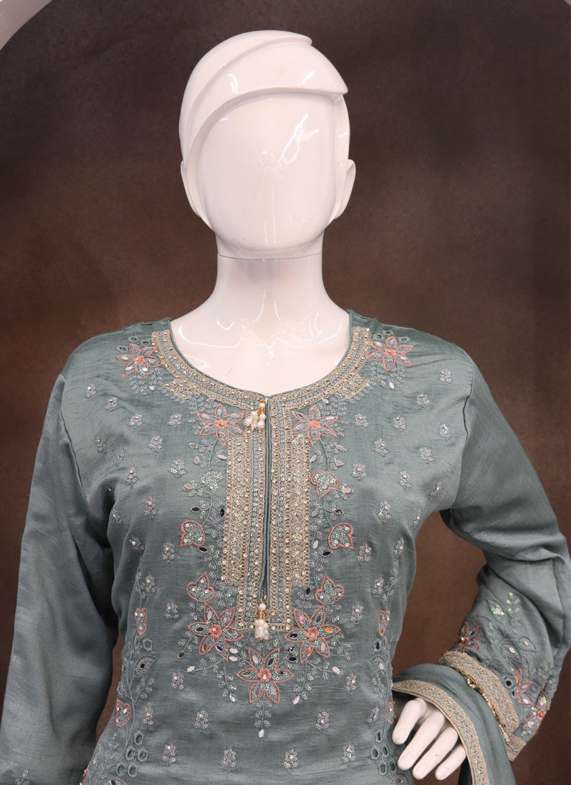 Vegaa Fashion Grey Vichitra Silk Embroidered Palazzo Suit