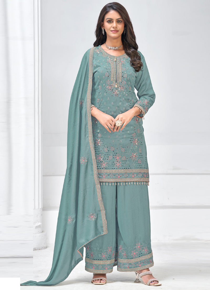 Vegaa Fashion Grey Vichitra Silk Embroidered Palazzo Suit