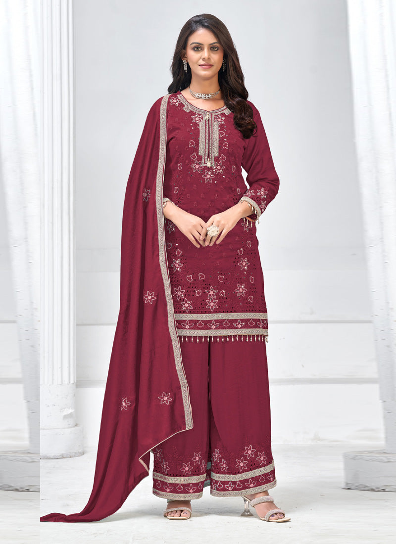 Vegaa Fashion Maroon Vichitra Silk Embroidered Palazzo Suit
