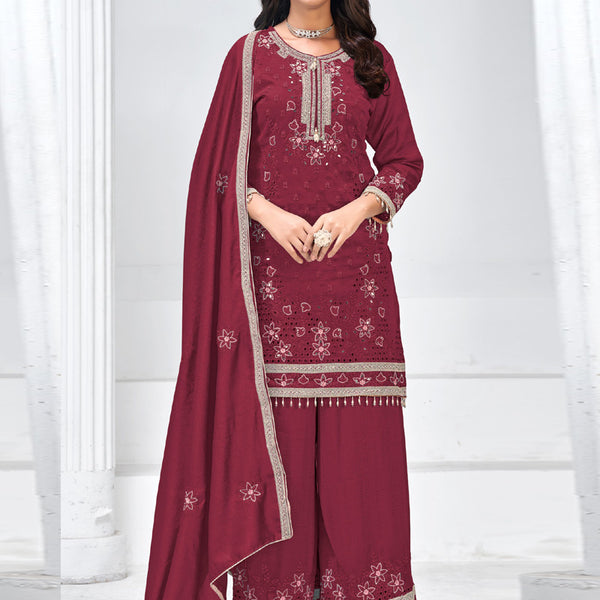 Vegaa Fashion Maroon Vichitra Silk Embroidered Palazzo Suit - Distacart