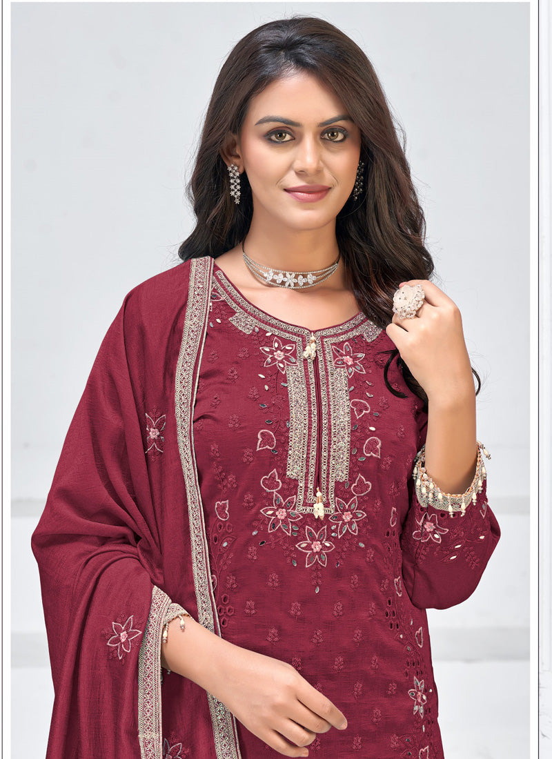 Vegaa Fashion Maroon Vichitra Silk Embroidered Palazzo Suit