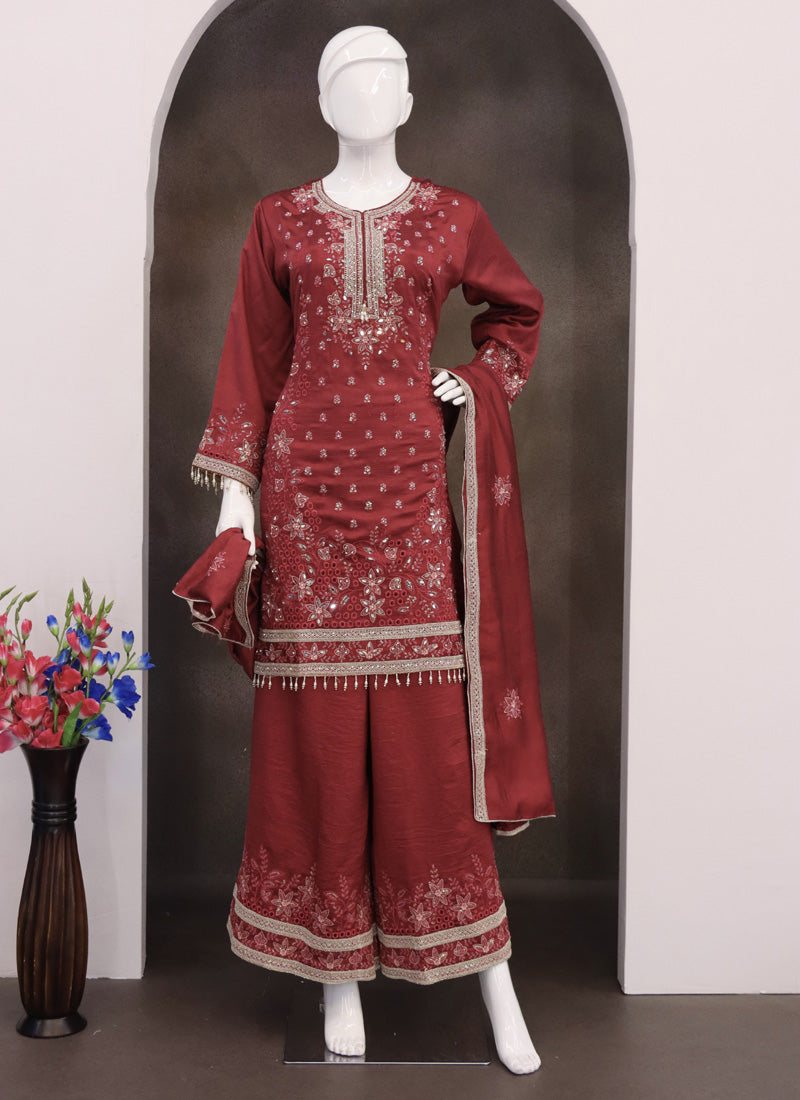 Vegaa Fashion Maroon Vichitra Silk Embroidered Palazzo Suit