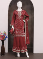 Thumbnail for Vegaa Fashion Maroon Vichitra Silk Embroidered Palazzo Suit