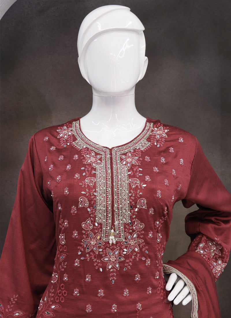Vegaa Fashion Maroon Vichitra Silk Embroidered Palazzo Suit