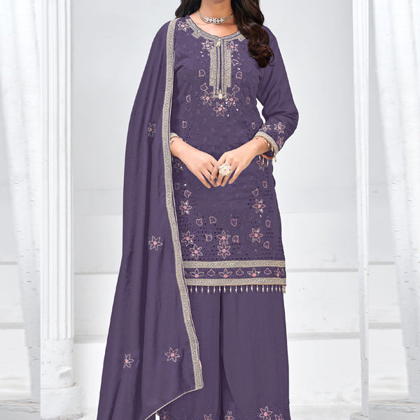 Vegaa Fashion Violet Vichitra Silk Embroidered Palazzo Suit