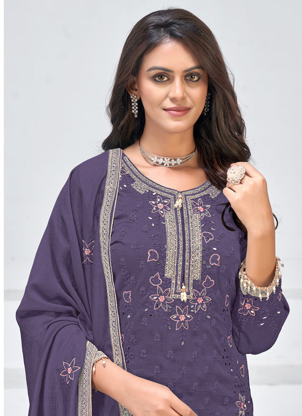 Vegaa Fashion Violet Vichitra Silk Embroidered Palazzo Suit