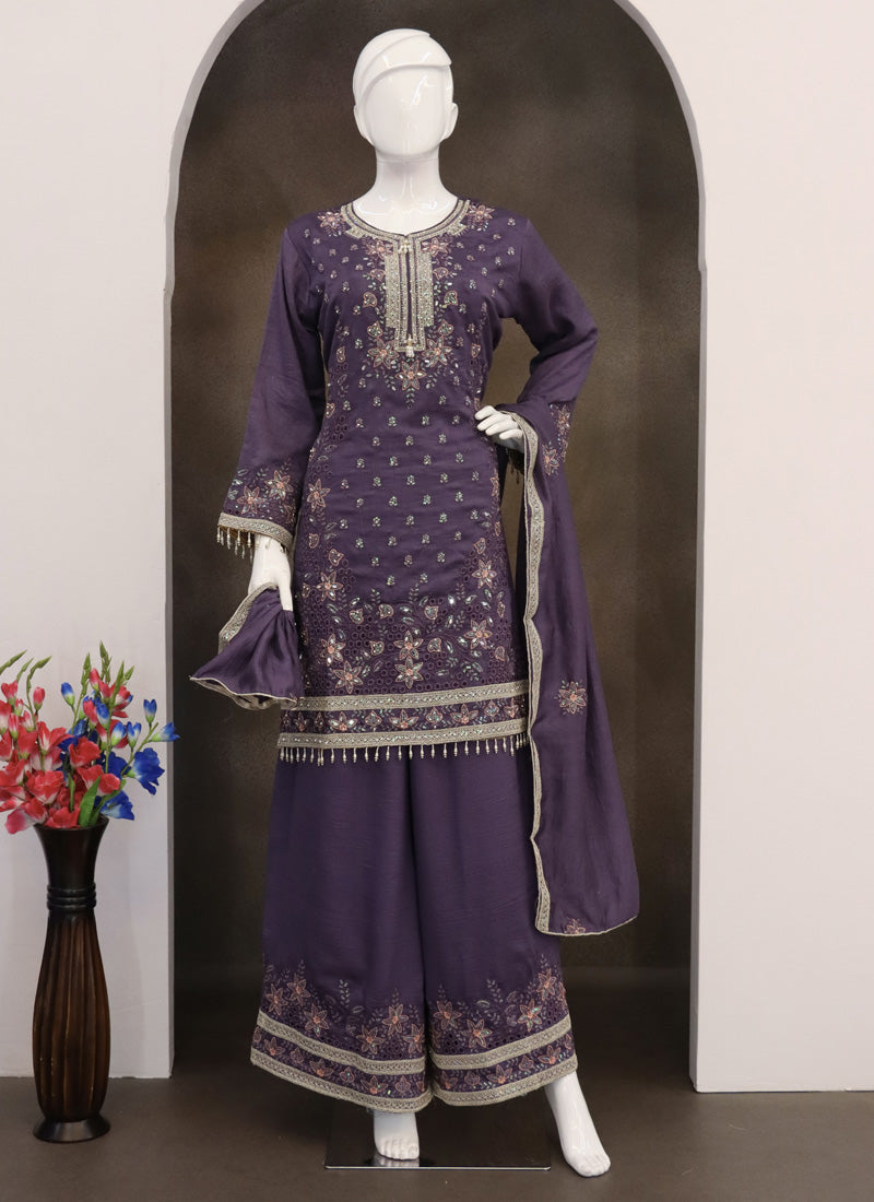 Vegaa Fashion Violet Vichitra Silk Embroidered Palazzo Suit