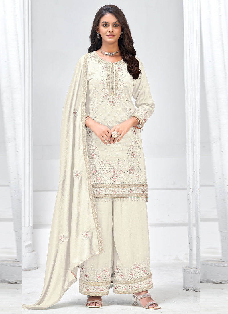 Vegaa Fashion Off White Vichitra Silk Embroidered Palazzo Suit