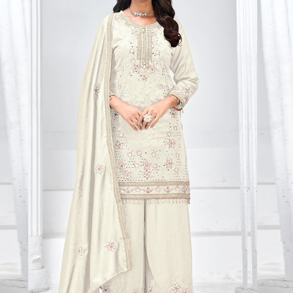 Vegaa Fashion Off White Vichitra Silk Embroidered Palazzo Suit