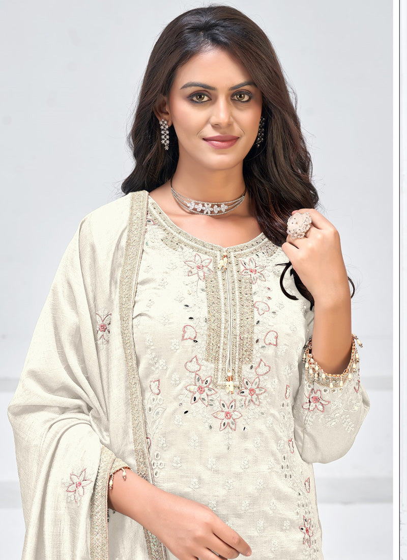Vegaa Fashion Off White Vichitra Silk Embroidered Palazzo Suit