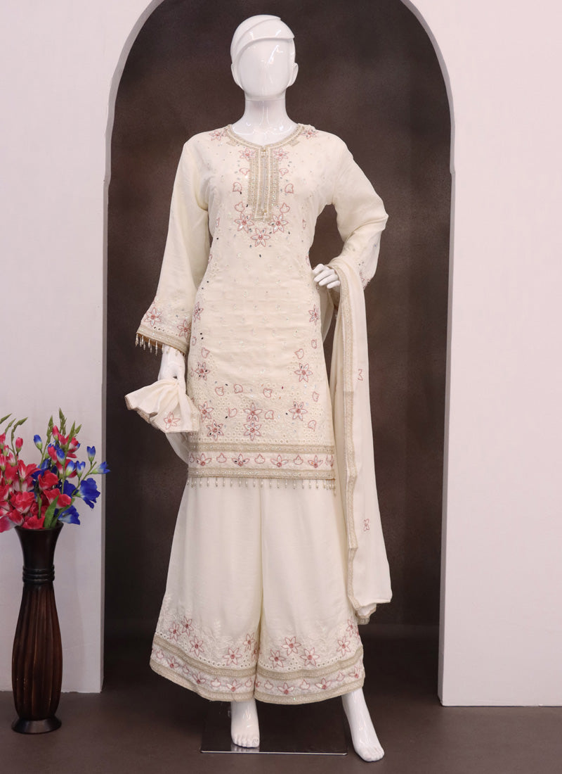 Vegaa Fashion Off White Vichitra Silk Embroidered Palazzo Suit