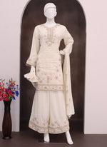 Thumbnail for Vegaa Fashion Off White Vichitra Silk Embroidered Palazzo Suit