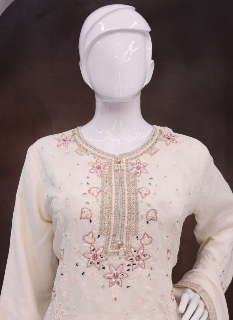 Vegaa Fashion Off White Vichitra Silk Embroidered Palazzo Suit