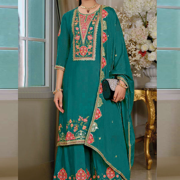 Vegaa Fashion Rama Green Chinon Silk Embroidered Designer Palazzo Suit