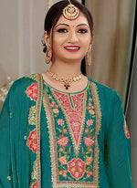 Thumbnail for Vegaa Fashion Rama Green Chinon Silk Embroidered Designer Palazzo Suit