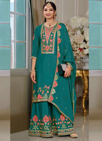 Thumbnail for Vegaa Fashion Rama Green Chinon Silk Embroidered Designer Palazzo Suit