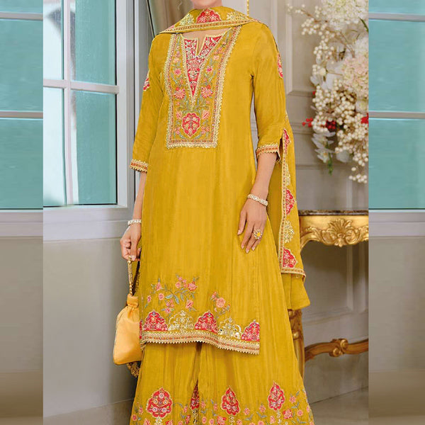 Vegaa Fashion Yellow Chinon Silk Embroidered Designer Palazzo Suit