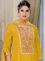 Thumbnail for Vegaa Fashion Yellow Chinon Silk Embroidered Designer Palazzo Suit