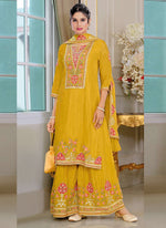 Thumbnail for Vegaa Fashion Yellow Chinon Silk Embroidered Designer Palazzo Suit
