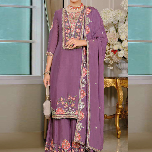 Vegaa Fashion Onion Pink Chinon Silk Embroidered Designer Palazzo Suit