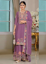 Thumbnail for Vegaa Fashion Onion Pink Chinon Silk Embroidered Designer Palazzo Suit