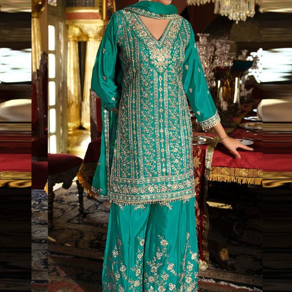 Vegaa Fashion Turquoise Chinon Silk Embroidered Designer Palazzo Suit