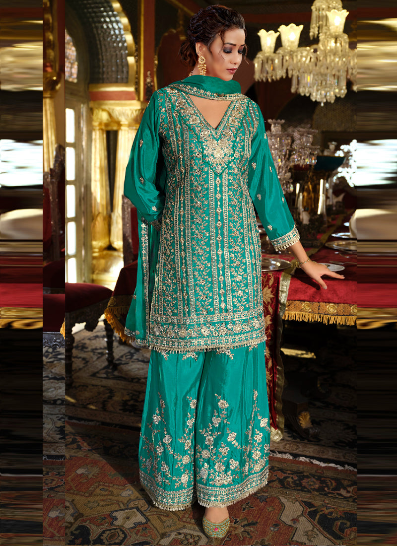 Vegaa Fashion Turquoise Chinon Silk Embroidered Designer Palazzo Suit