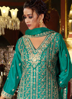 Thumbnail for Vegaa Fashion Turquoise Chinon Silk Embroidered Designer Palazzo Suit