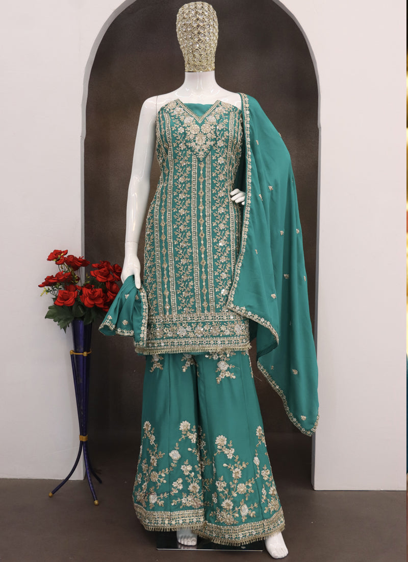 Vegaa Fashion Turquoise Chinon Silk Embroidered Designer Palazzo Suit